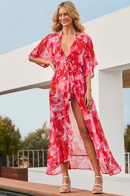 Pink Floral Print Ring Detail Plunge Swimsuit