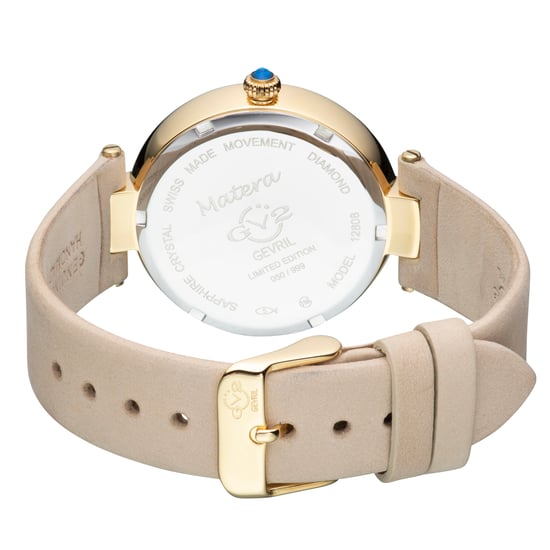 GV2 Matera Reloj de cuarzo suizo para mujer con esfera de nácar blanco y correa de ante color crudo con diamantes - Image 2