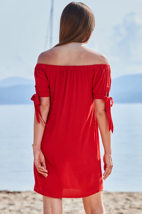 Red Crinkle Bardot Shift Dress