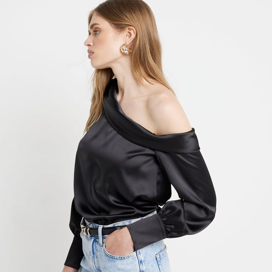 River Island Womens Blouse Black Satin Off Shoulder