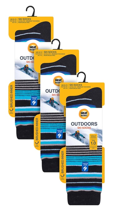 3 Pair Multipack Ultra Lite Mens Ski Socks | Heat Holders | Funky Patterned Striped Knee High Socks - Black Stripe - Image 2