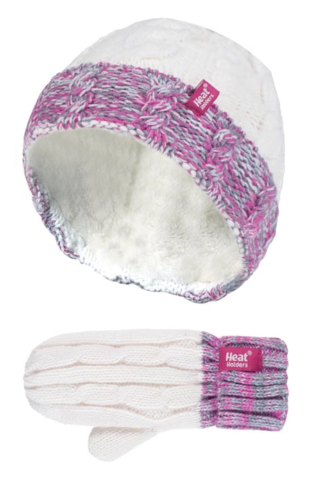 Heat Holders - Set de gorro y manoplas térmicas de invierno para niñas con forro polar de punto a rayas de colores - SC2P12 - Image 1