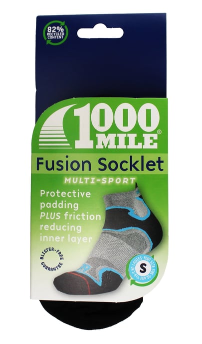 1000 Mile - Ladies Fusion Ankle Repreve Anti Blister Padded Socks - Silver / Kingfisher - Image 2