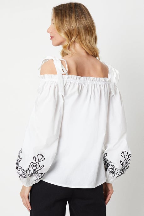 Cutwork Sleeve Poplin Tie Shoulder Top