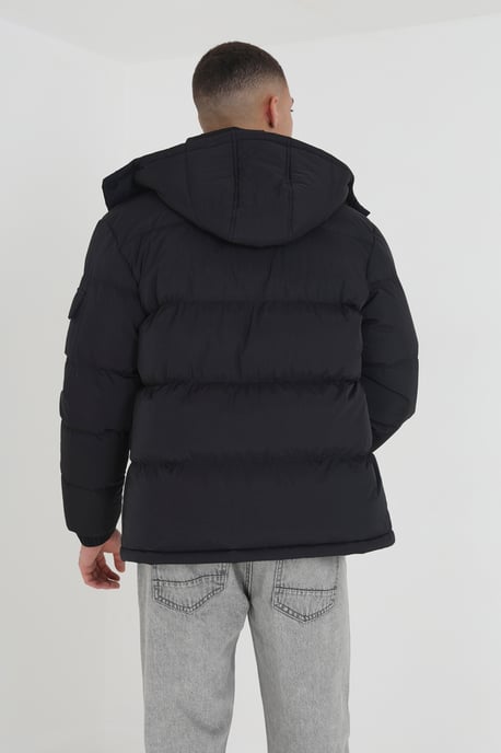 Black Padded Jacket With Detachable Hood