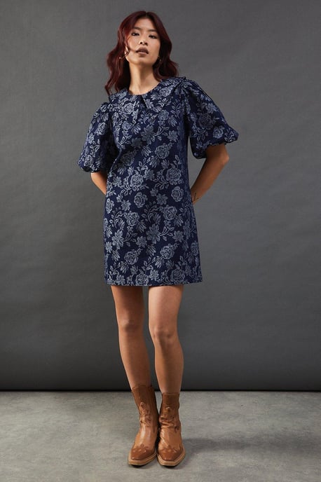 Denim Rose Jacquard Pointed Collar Mini Dress