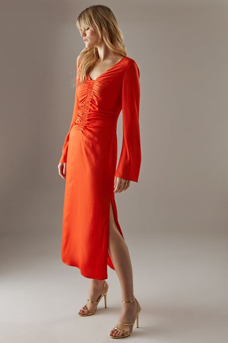 Crinkle Satin Ruched Front Column Midi Dress
