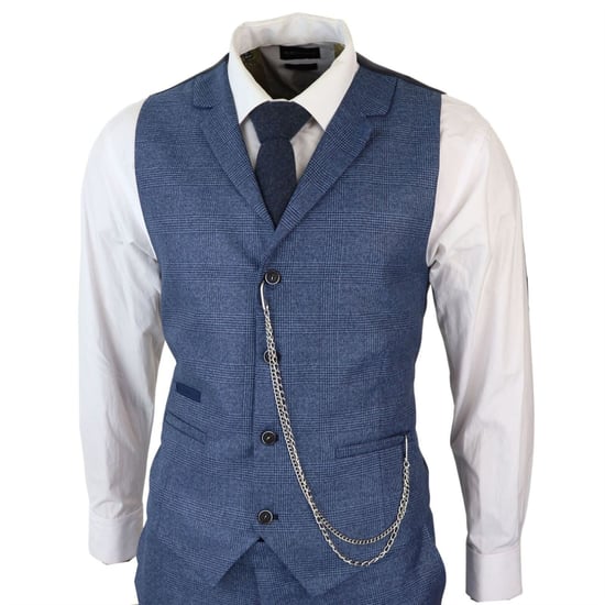 Traje de tres piezas de cuadros príncipe de Gales azul para hombre - Image 4
