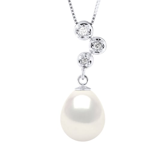 Necklace Jewelry Diamonds 0,06 Cts - Quality HSI White Gold and Real Cultured Freshwater Pearl Pear 9-10 mm