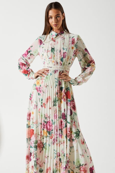 Pleated Lace Trim Midi Dress