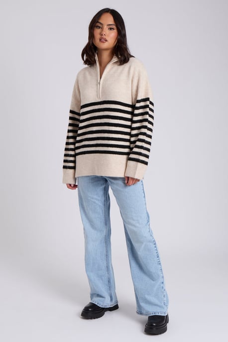 Cream Half Zip Stripe Jumper