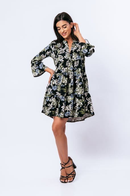 Vestido floral caqui, crudo y azul con mangas acampanadas - Image 5