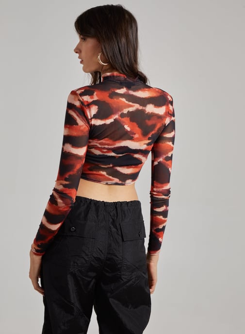 Smudge Print Mesh Long Sleeve Top