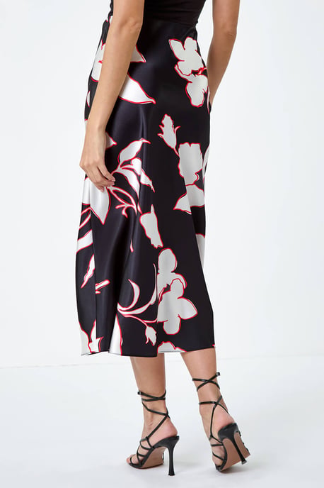 Floral Satin Elastic Waist A Line Midi Skirt
