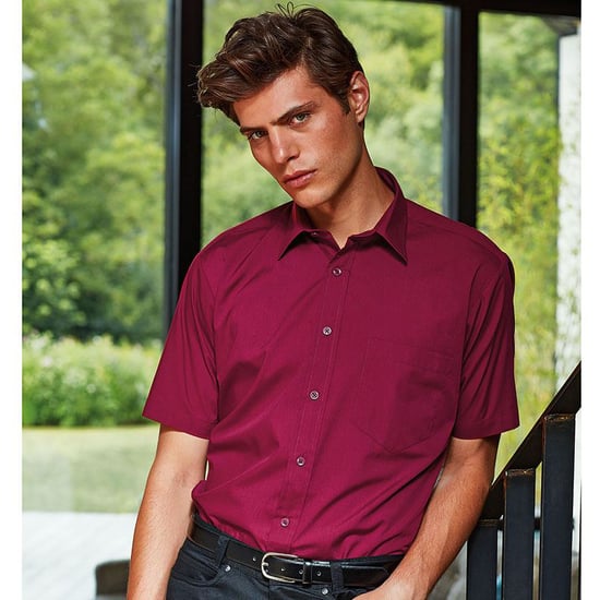 Premier Mens Short Sleeve Formal Poplin Plain Work Shirt (Burgundy) - Image 2
