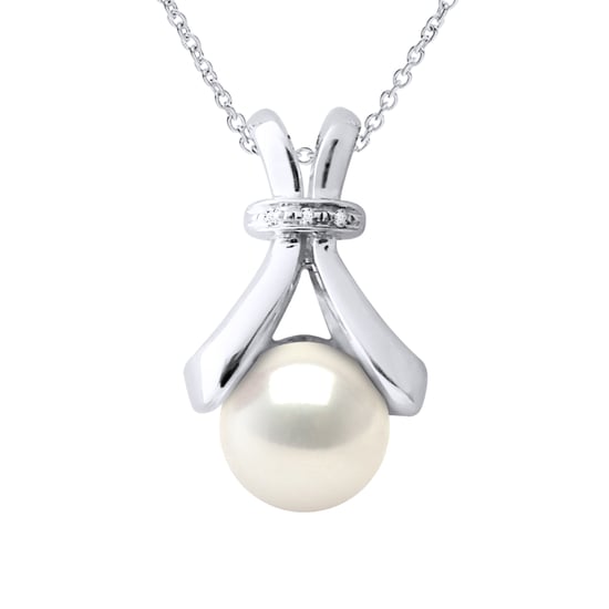 Necklace Jewelry Diamond 0.01Cts White Gold and Real Cultured Freshwater Pearl Button 6-7 mm