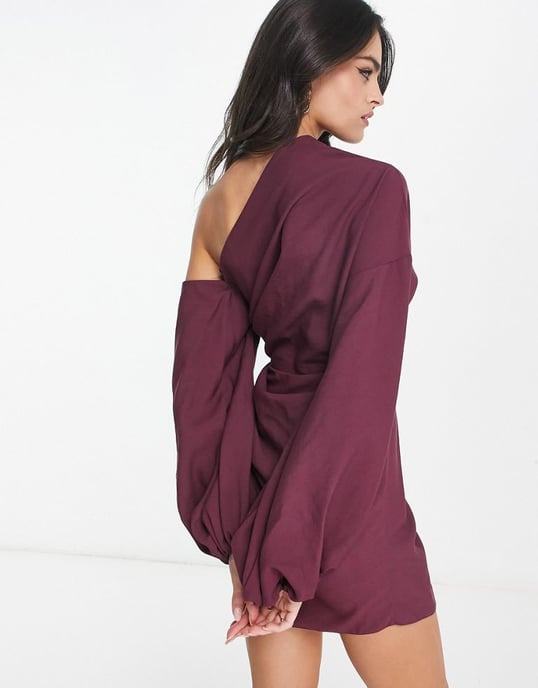 ASOS DESIGN off shoulder drape mini dress with balloon sleeve in wine-Red