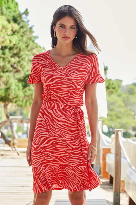 Pink & Red Tiger Print Ruffle Hem Tie Waist Jersey Dress