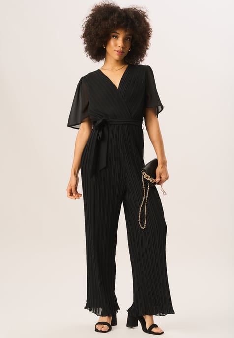 Angel Sleeves Pleated Belted Wrap Jumpsuit
