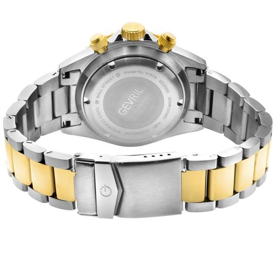 Gevril Wall Street Chrono para hombres, esfera negra, bisel de cerámica negra, brazalete de acero inoxidable IPYG 316L bicolor. - Image 2