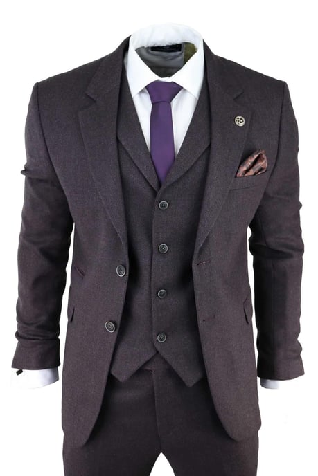 Traje de tweed de tres piezas en espiga color morado y ciruela para hombre, Peaky Blinders, clásico, a medida - Image 1