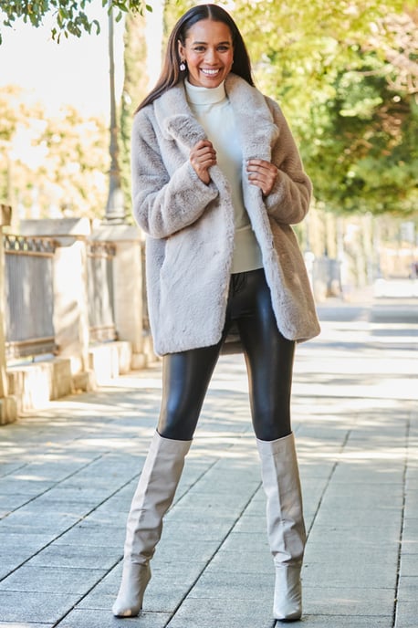 Taupe Premium Faux Fur Coat With Button Detail