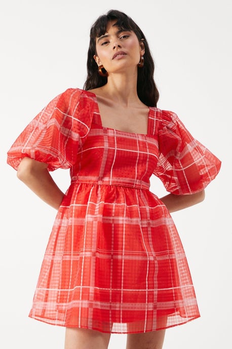 Print Organza Square Neck Mini Smock Dress