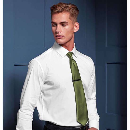 Premier Mens Plain Satin Tie (Narrow Blade) (Olive) - Image 2