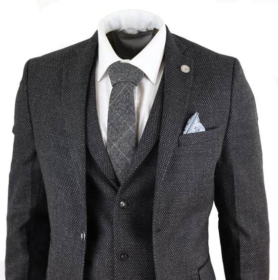 Traje de tweed de espiga negro de tres piezas para hombre - Image 3