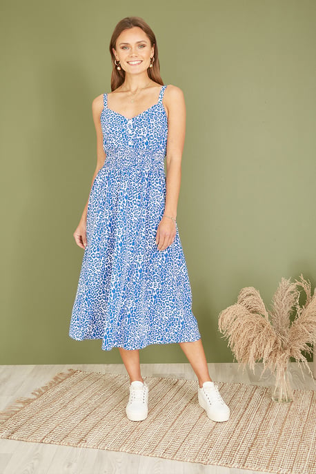 Blue Animal Print Midi Sundress With Ruched Waist