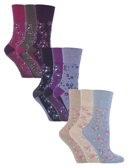 Paquete múltiple de 9 pares de calcetines no elásticos de algodón para mujer - Floral 2 - Image 1