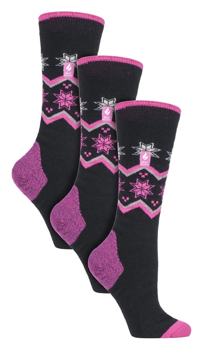 3 Pares Multipack Ultra Lite Ladies Ski Socks | Calentadores | Womens Funky Patterned Striped Knee High Socks - Black Fairisle - Image 1