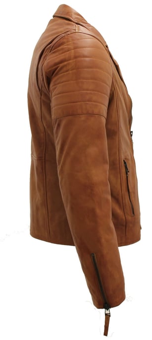 Brando-style slim-fit leather biker jacket with cross zipper