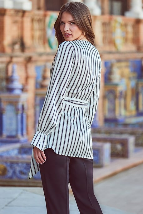 Ivory & Black Satin Stripe Keyhole Detail Tie Side Top