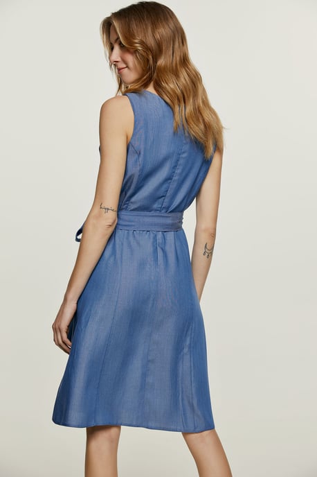 Sleeveless Dress with Belt and Button Detail