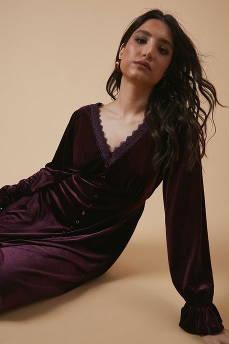 Velvet Lace Trim Button Through Midi Dress