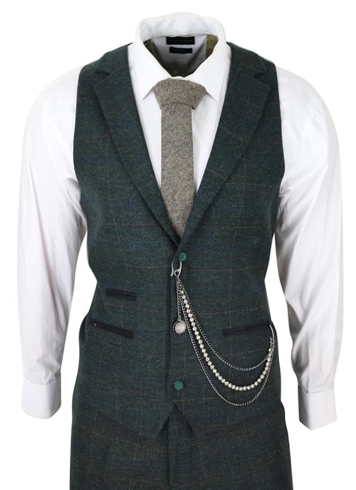 Traje de lana de 3 piezas para hombre, de tweed verde oliva y cuadros, Peaky Blinders, estilo Gatsby de los años 20 - Image 4