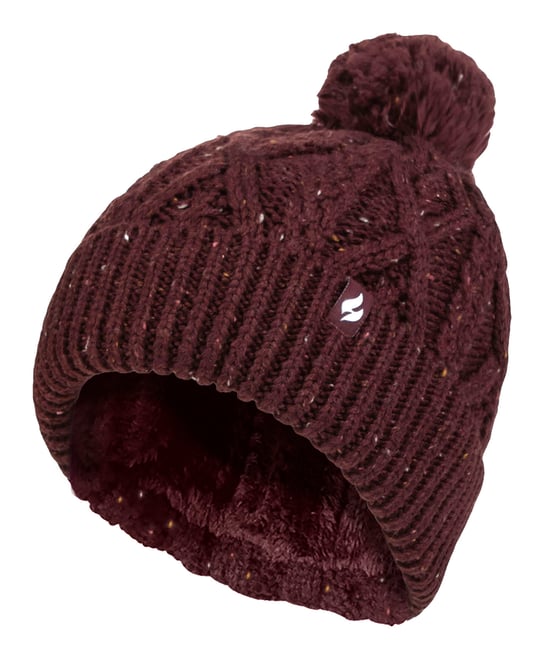 Gorro de mujer con forma de pompón | Calentador | Gorro de punto grueso y cálido con forro polar Heatweaver | Estilo Salzburgo - Vino - Image 1