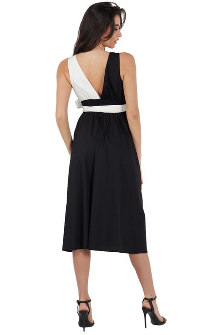 Vestido midi negro con cintura anudada de popelina blanca en contraste - Image 5