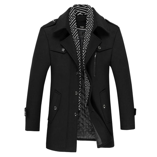 Men's Winter Thickened Solid Color Lapel Casual Wool Coat with Striped Collar Camel Black