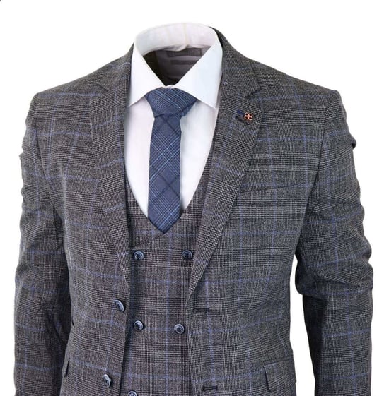 Traje clásico vintage de tweed de 3 piezas para hombre, de cuadros grises y azules - Image 5
