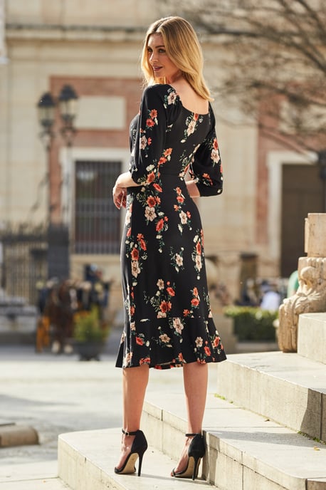 Black Floral Print Sweetheart Neckline Midi Dress