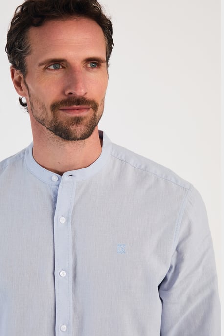Blue Linen Blend Long Sleeve Button-Up Shirt With Grandad Collar