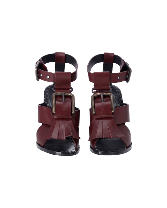 Bottega Veneta Fringe Buckle T-strap Block Heel Sandals in Maroon Leather - Image 2