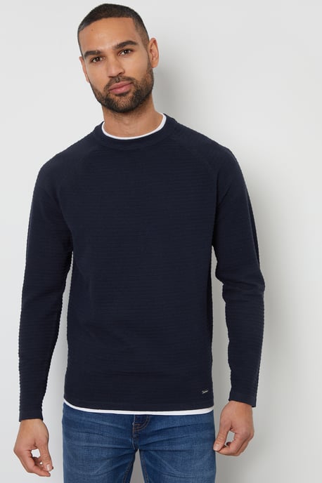 Navy Textured Mock T-Shirt Crew Neck Jumper