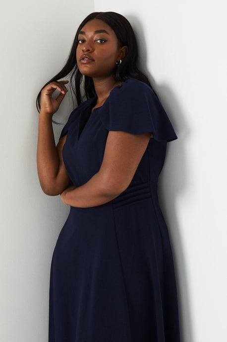 Plus V Neck Short Sleeve Ponte Midi Dress