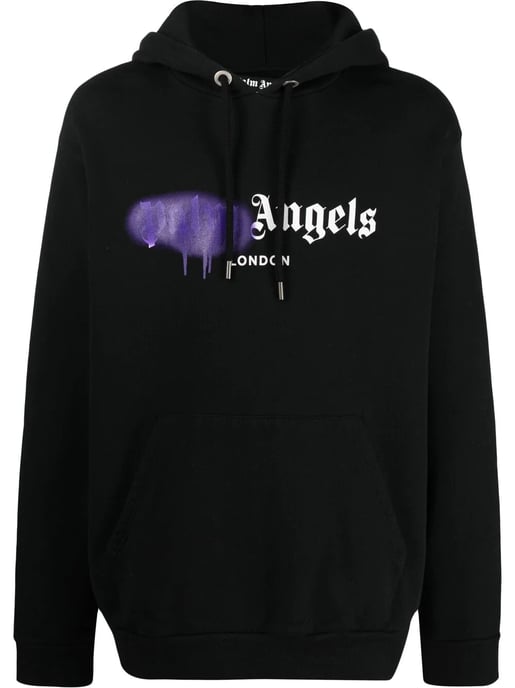 Sudadera con capucha negra Palm Angels London con logo en spray morado - Image 1