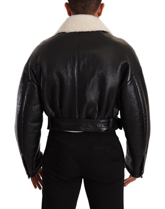 Abrigo de motociclista de cuero negro con forro de piel de oveja para hombre de Dolce & Gabbana - Image 3
