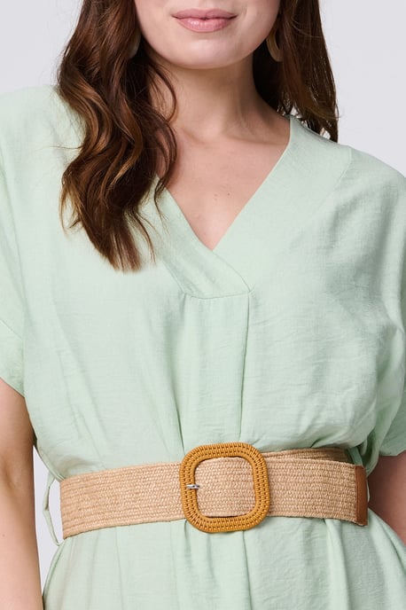 Green V-Neck Short Sleeve Belted Tunic Dress
