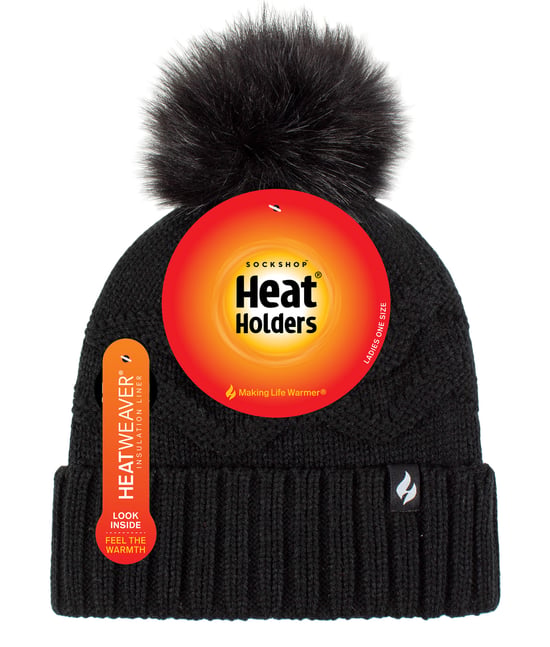 Sombrero de invierno de piel de las señoras | Calentadores | Zigzag Patterned Pom Pom Hat | Womens Thermal Cuff Bobble Hat - Negro - Image 2